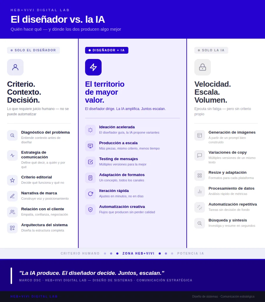 El diseñador tradicional, el diseñador que usa IA en automático y el diseñador que integra la IA en su flujo de trabajo