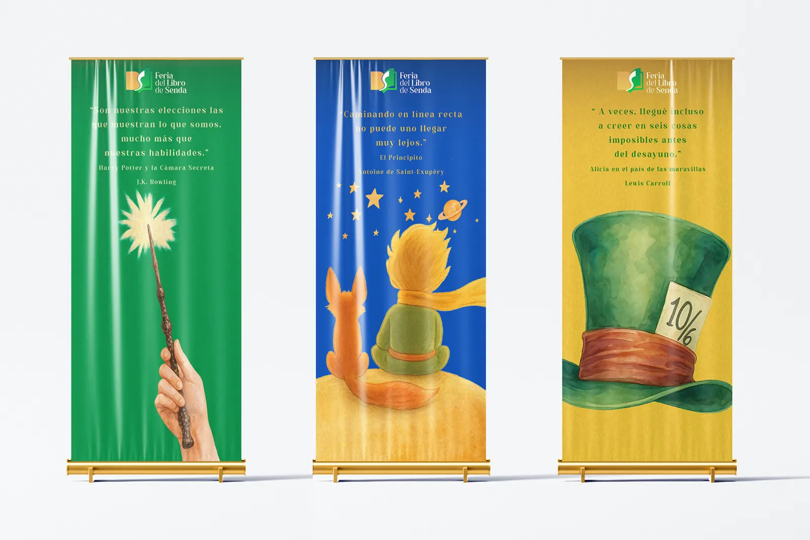 Banners de la Feria del Libro de Senda con citas literarias ilustradas