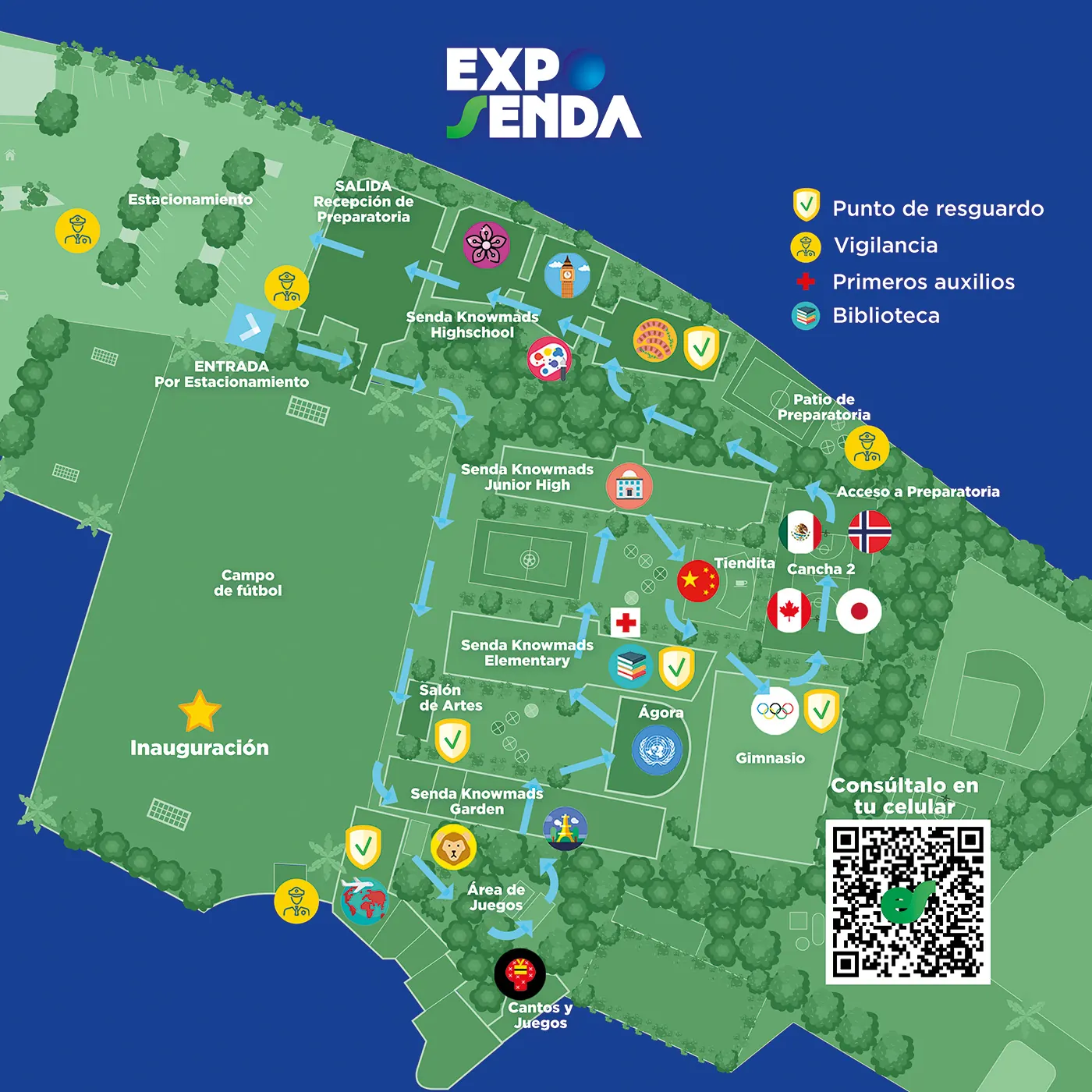 Mapa ilustrado del campus para Expo Senda con puntos de resguardo, primeros auxilios y código QR