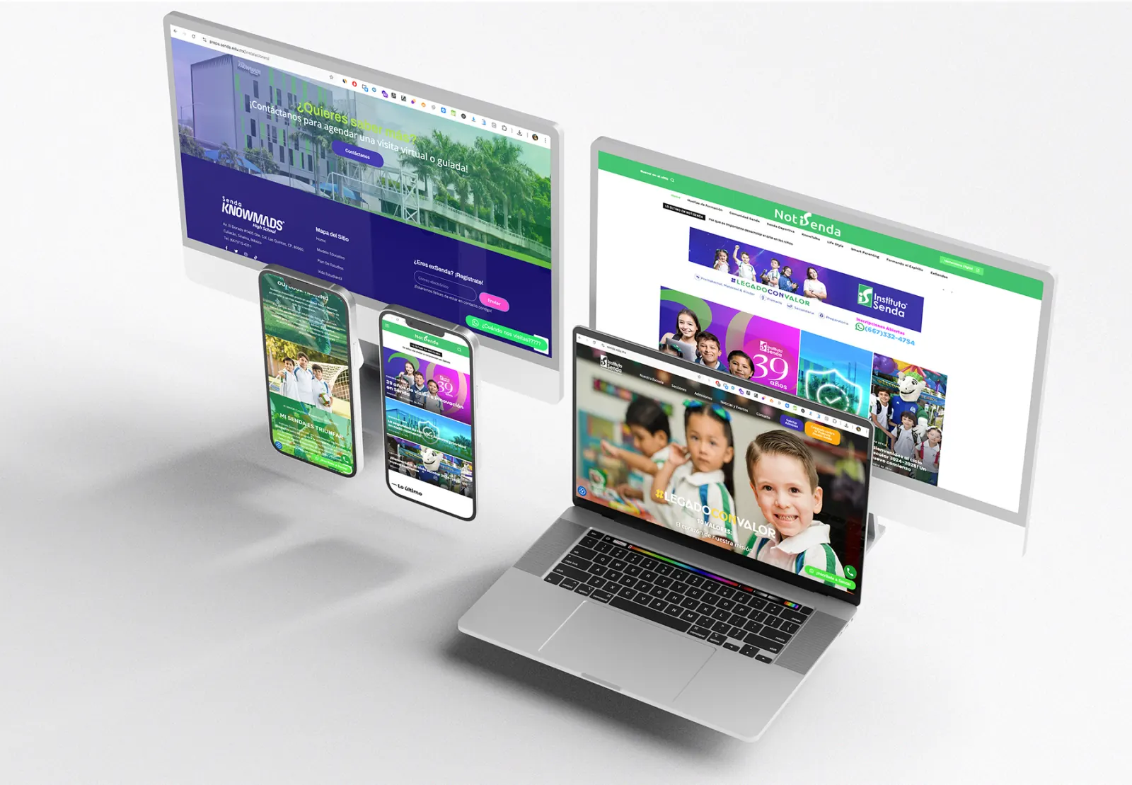 Sitios web de Instituto Senda y de su preparatoria en computadora, laptop y celulares