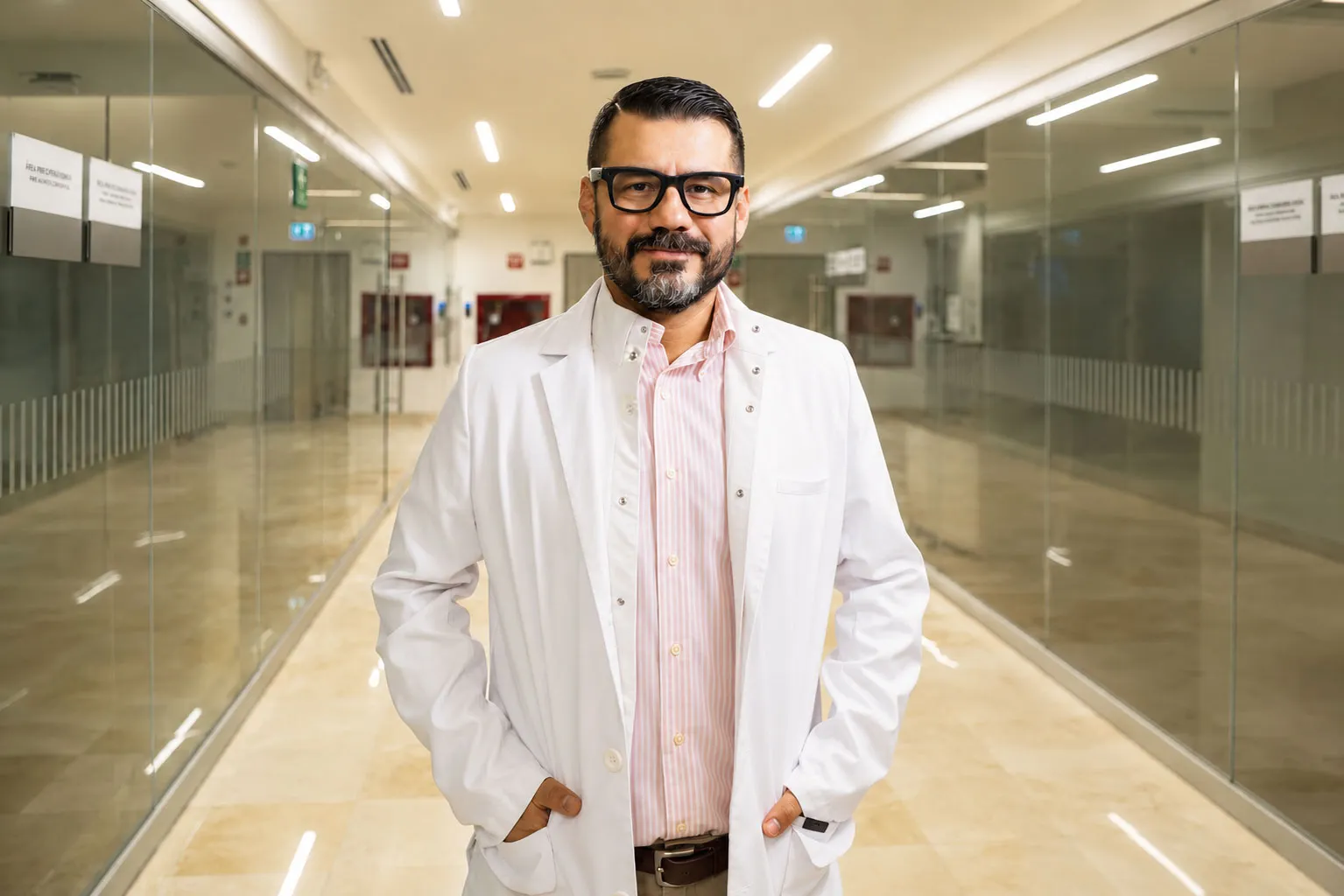 El Dr. Julio Monárrez con bata en un pasillo de hospital